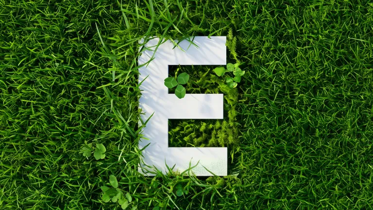 Biele písmeno "E" v tráve reprezentujúce environmentálne riešenia od Slovak Telekomu.