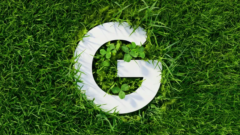 Písmeno "G" obklopené zelenou trávou a listami reprezentujúce ESG riešenia od Slovak Telekomu.