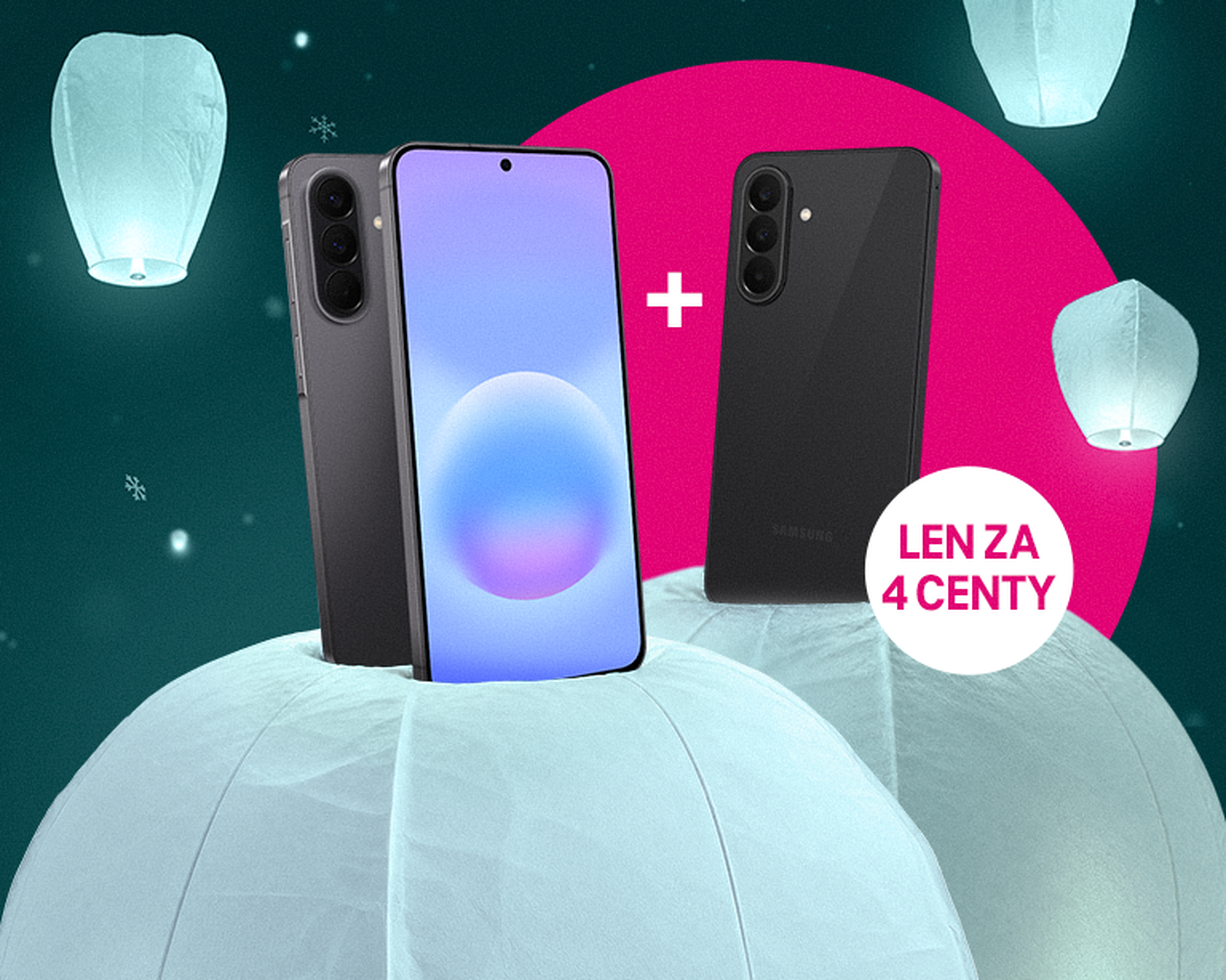 Dva smartfóny vedľa seba na pozadí s lietajúcimi lampiónmi, s výrazom "len za 4 centy".