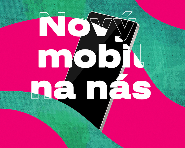 Nový mobil zobrazený na farebnom pozadí s textom "Nový mobil na nás".