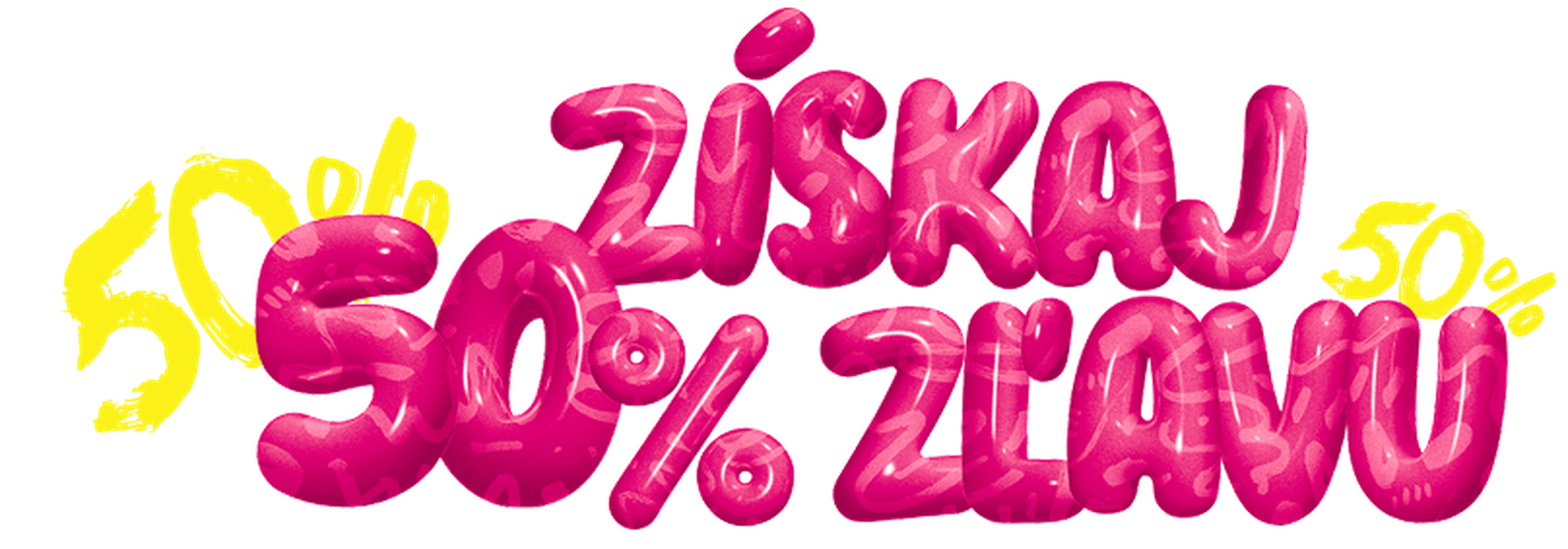 referral swipe 50% zľava farebným textom, ružové a žlté písmo.
