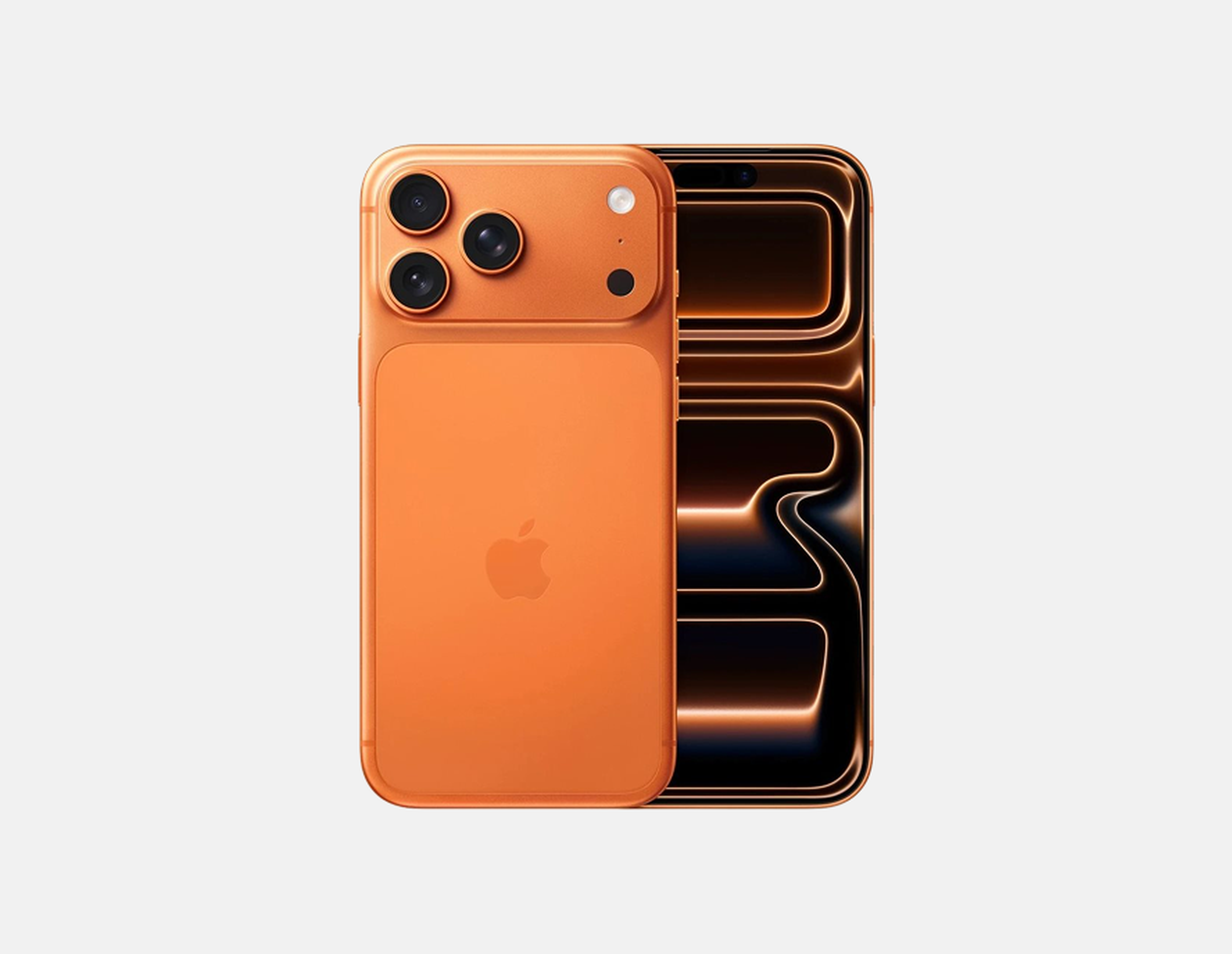 Oranžový smartphone s tromi objektívmi fotoaparátu na zadnej strane, moderný dizajn.