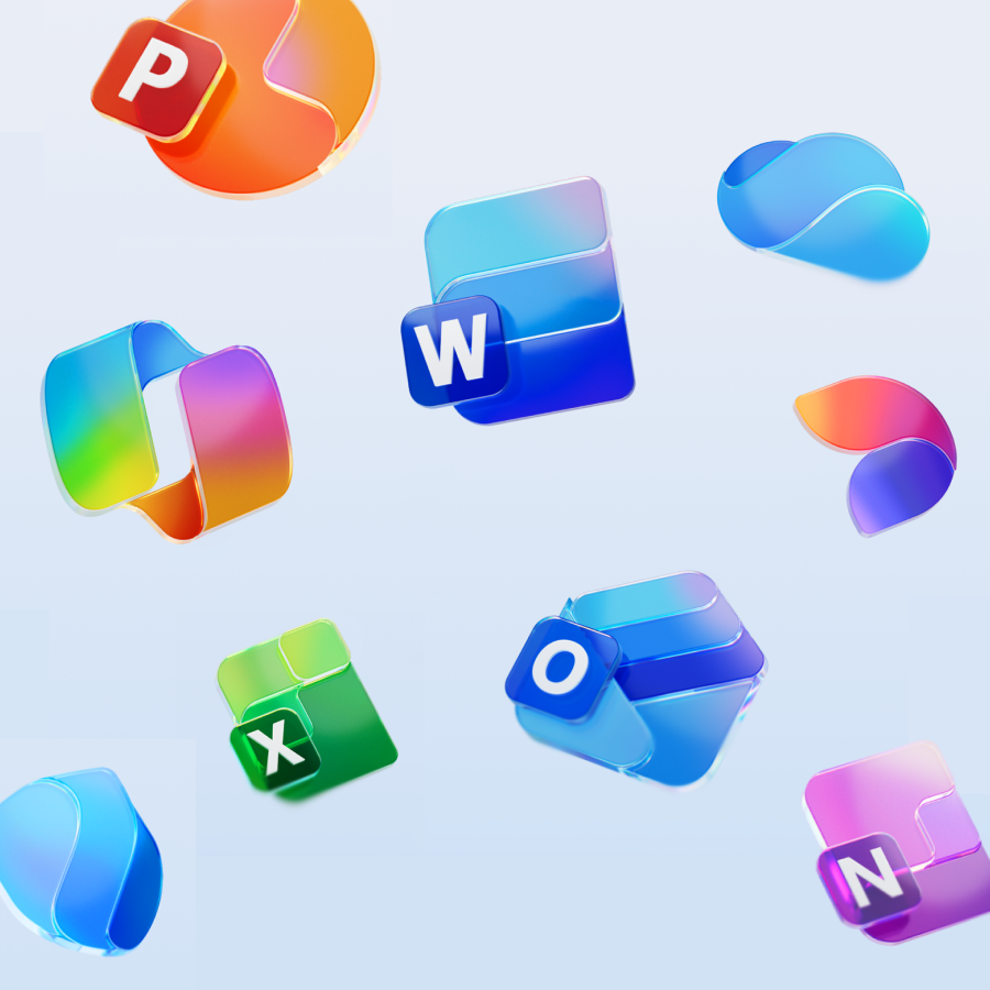 Ikony balíka Microsoft 365 vrátane Word, Excel, PowerPoint, Outlook a OneNote – vizuál služby Microsoft 365 pre firmy od Telekomu.