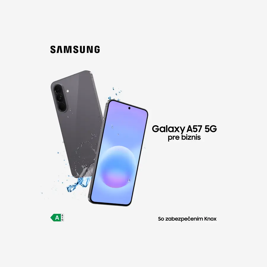 Dva telefóny
                Samsung Galaxy A57 5G, jeden ukazuje zadnú časť a druhý displej.