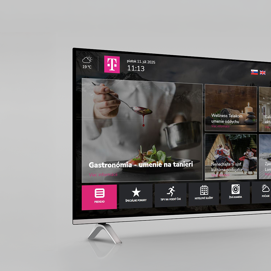 Hlavná obrazovka služby Business Stream na TV s interaktívnym menu – ilustrácia manažmentu pre interaktívne TV a digitálne obrazovky