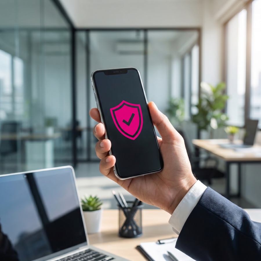 Ruka drží smartfón s ikonou bezpečnostného štítu na obrazovke v kancelárii – vizuál služby InLine Security od Telekomu.